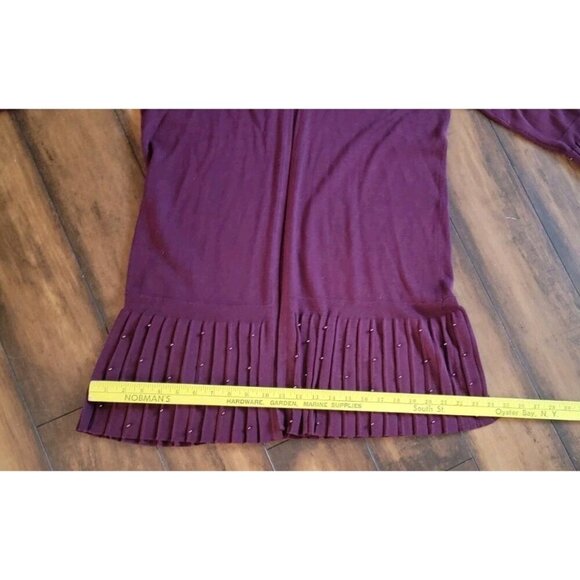 Chicos Pleated Faux Pearl Cardigan Maroon Large Flared Sleeves Open Front - Picture 8 of 10